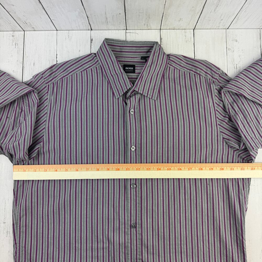 Hugo Boss Purple/Grey Striped Cotton Regular Fit Button Down Shirt Size Large - Picture 13 of 15